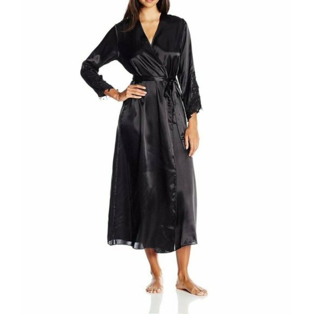 Flora Nikrooz Black Satin Stella Long Robe L/XL - Picture 1 of 6